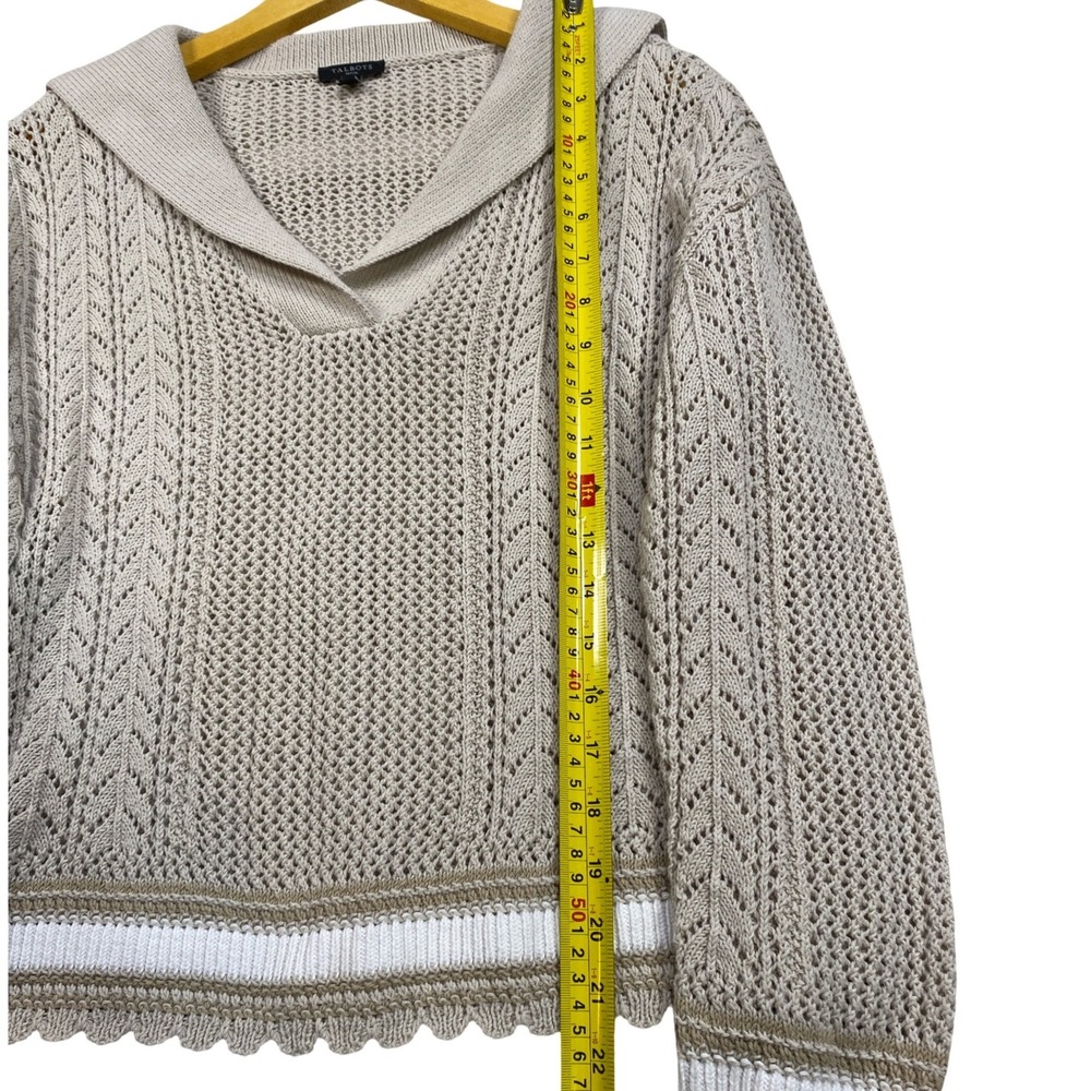 Talbots M Petite Beige Pointelle Sailor Collar Sweater Scalloped Hem‎ Neutral - Picture 8 of 10